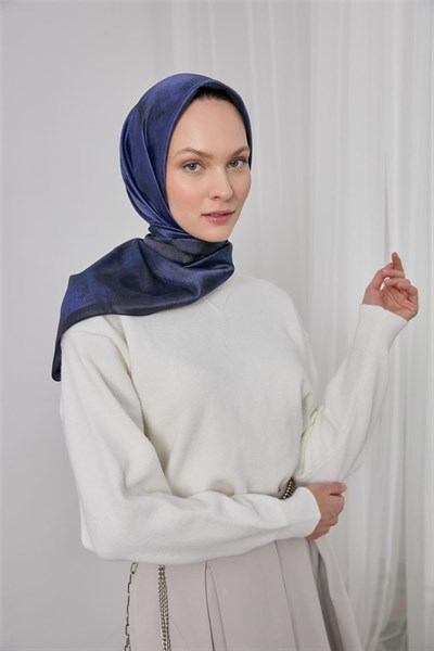 Polyester Karışımlı Shiny Eşarp Morcivert Etnik Desenli Parlak Dokulu 90X90