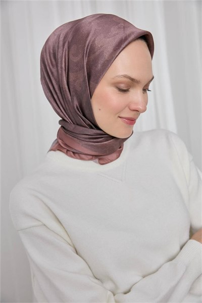 Polyester Karışımlı Shiny Eşarp Soğan Kabuğu Etnik Desenli Parlak Dokulu 90X90
