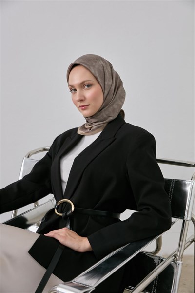 Polyester Karışımlı Shiny Eşarp Vizon Etnik Desenli Parlak Dokulu 90X90