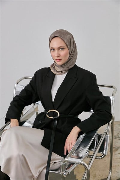 Polyester Karışımlı Shiny Eşarp Vizon Etnik Desenli Parlak Dokulu 90X90