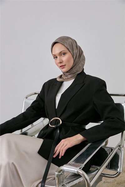 Polyester Karışımlı Shiny Eşarp Vizon Etnik Desenli Parlak Dokulu 90X90