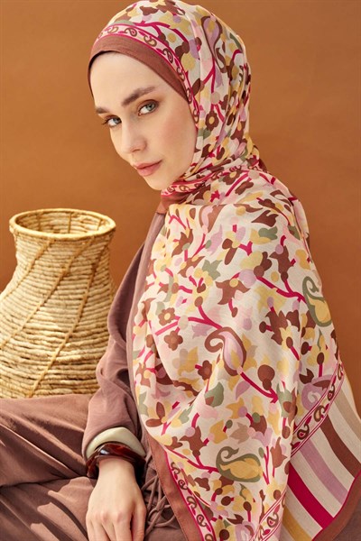Riva Şal Tencel Botanical Floral Kahverengi