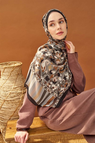 Riva Şal Tencel Botanical Floral Koyu Gri