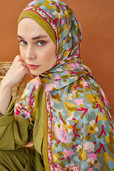 Riva Şal Tencel Botanical Floral Yağ Yeşili