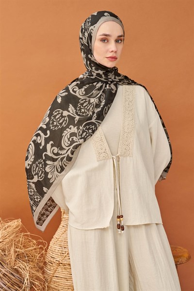 Riva Şal Tencel Floral Siyah