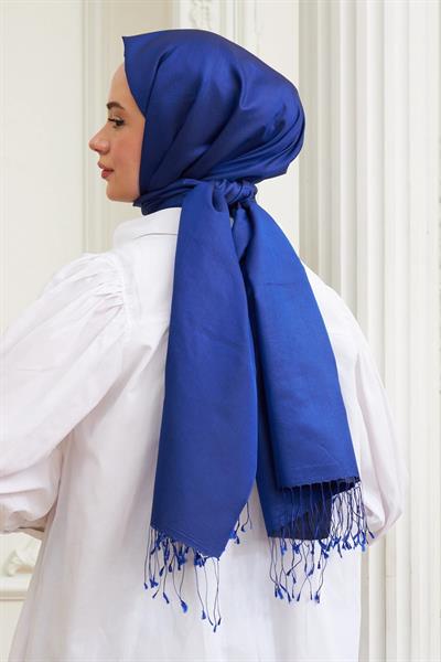 Sax Mavi Düz Çift Taraflı İpek Şal Modeli