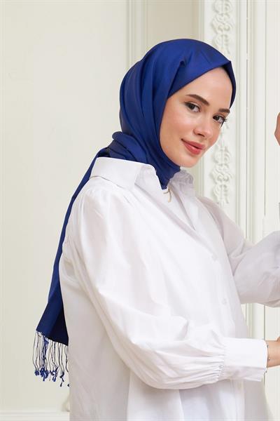 Sax Mavi Düz Çift Taraflı İpek Şal Modeli