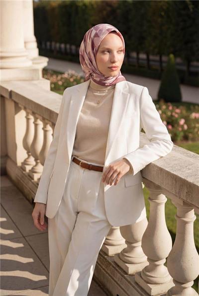 Shiny Dokulu Eşarp Gül Kurusu Pudra Tonlu Geometrik Desenli Su Tutmaz Parlak 90x90