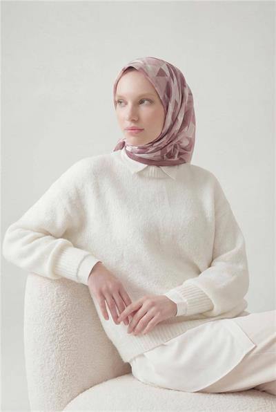 Shiny Dokulu Eşarp Gül Kurusu Pudra Tonlu Geometrik Desenli Su Tutmaz Parlak 90x90