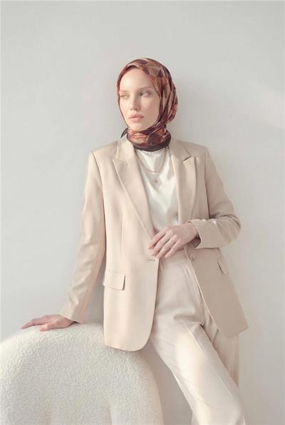 Shiny Dokulu Eşarp Kiremit Bakır Tonlu Geometrik Desenli Su Tutmaz Parlak 90x90