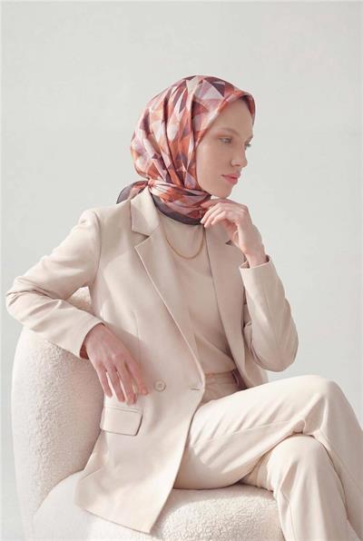 Shiny Dokulu Eşarp Turuncu Mürdüm Tonlu Geometrik Desenli Su Tutmaz Parlak 90x90