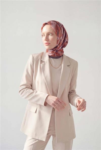 Shiny Dokulu Eşarp Turuncu Mürdüm Tonlu Geometrik Desenli Su Tutmaz Parlak 90x90