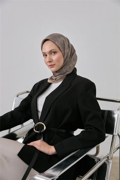 Polyester Karışımlı Shiny Eşarp Vizon Etnik Desenli Parlak Dokulu 90x90