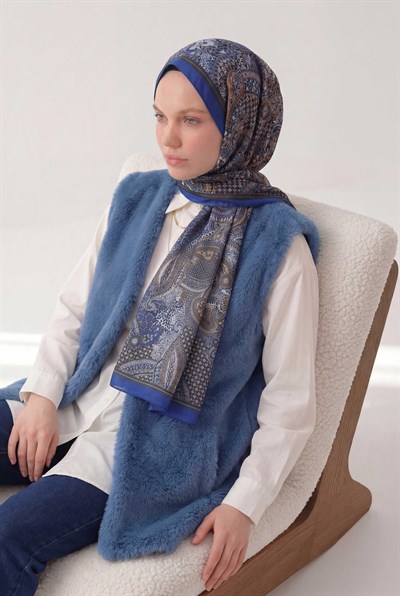Etnik Desen Parlament Mavi 75X195 Soft Şal
