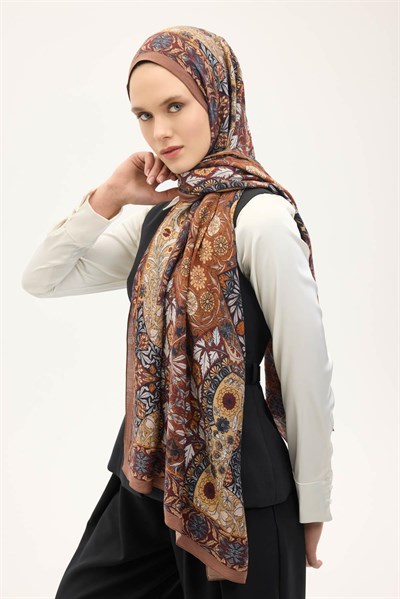 Urban Hours Floral Motif Desen Sütlü Kahve Mayda Şal 190x70