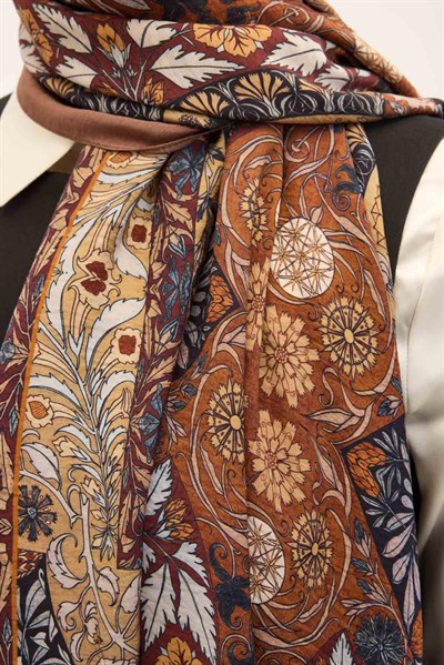 Urban Hours Floral Motif Desen Sütlü Kahve Mayda Şal 190x70
