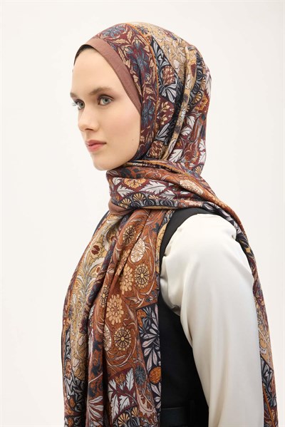 Urban Hours Floral Motif Desen Sütlü Kahve Mayda Şal 190x70