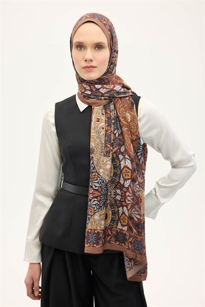 Urban Hours Floral Motif Desen Sütlü Kahve Mayda Şal 190x70