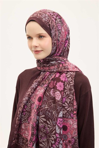 Urban Hours Floral Motif Desen Koyu Mürdüm Mayda Şal 190x70