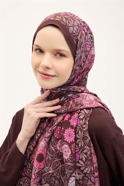 Urban Hours Floral Motif Desen Koyu Mürdüm Mayda Şal 190x70