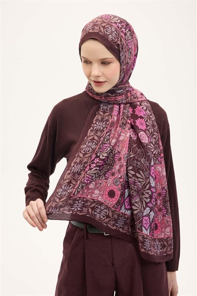 Urban Hours Floral Motif Desen Koyu Mürdüm Mayda Şal 190x70
