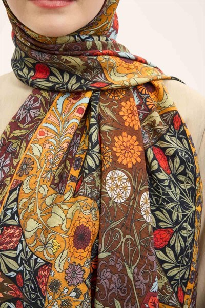 Urban Hours Floral Motif Desen Koyu Acı Kahve Mayda Şal 190x70