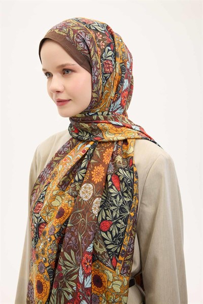 Urban Hours Floral Motif Desen Koyu Acı Kahve Mayda Şal 190x70