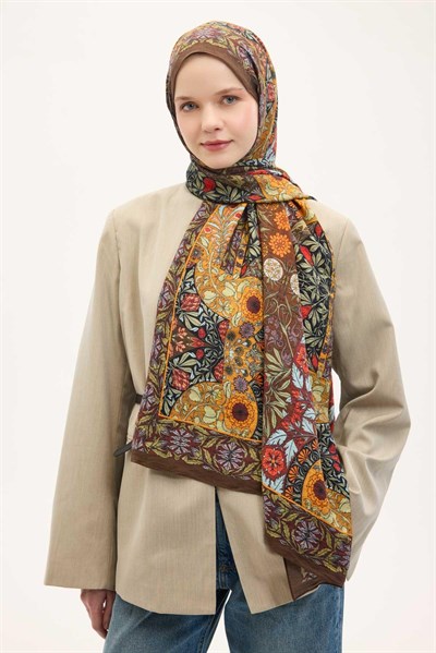 Urban Hours Floral Motif Desen Koyu Acı Kahve Mayda Şal 190x70