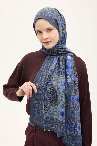 Urban Hours Floral Motif Desen Indigo Mayda Şal 190x70