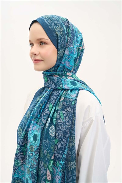 Urban Hours Floral Motif Desen Petrol Mavi Mayda Şal 190x70
