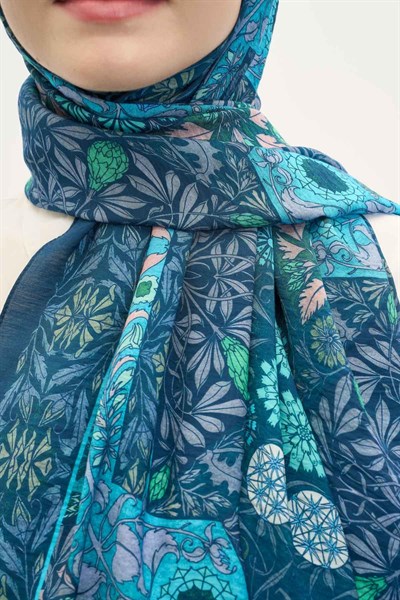 Urban Hours Floral Motif Desen Petrol Mavi Mayda Şal 190x70
