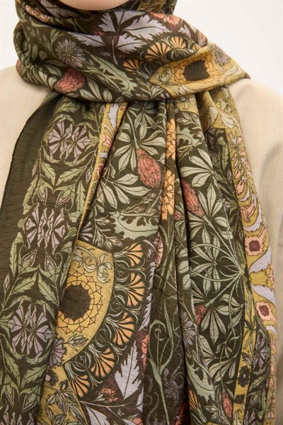 Urban Hours Floral Motif Desen Asker Yeşili Mayda Şal 190x70