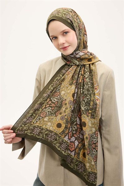 Urban Hours Floral Motif Desen Asker Yeşili Mayda Şal 190x70