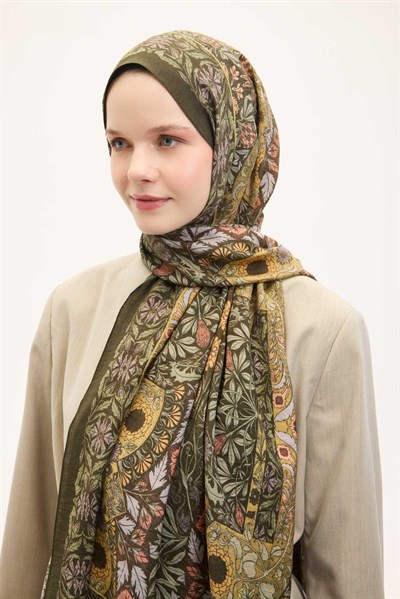 Urban Hours Floral Motif Desen Asker Yeşili Mayda Şal 190x70