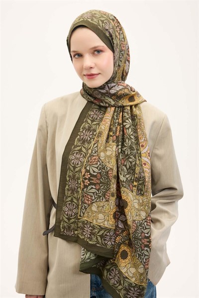 Urban Hours Floral Motif Desen Asker Yeşili Mayda Şal 190x70