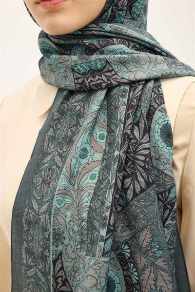 Urban Hours Floral Motif Desen Patina Yeşili Mayda Şal 190x70