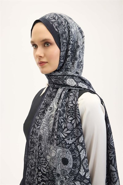 Urban Hours Floral Motif Desen Koyu Lacivert Mayda Şal 190x70