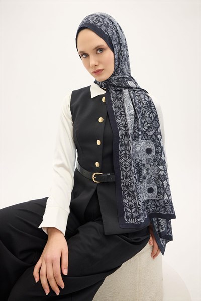 Urban Hours Floral Motif Desen Koyu Lacivert Mayda Şal 190x70