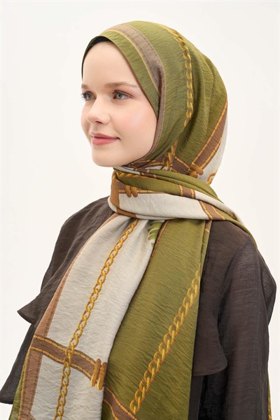 Urban Hours Büyük Zincir Yağ Yeşili Mayda Şal 190x70