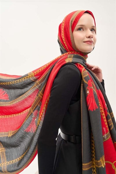 Urban Hours Büyük Zincir Kırmızı Siyah Mayda Şal 190x70