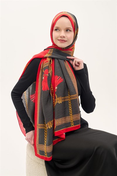 Urban Hours Büyük Zincir Kırmızı Siyah Mayda Şal 190x70