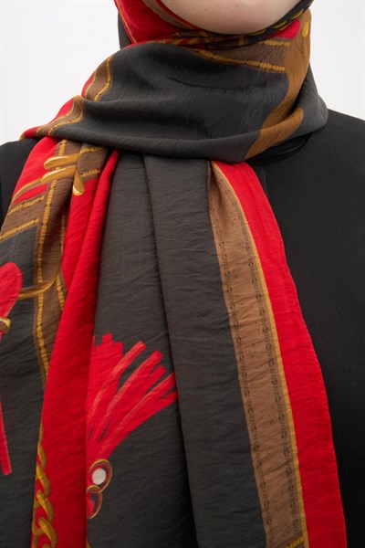 Urban Hours Büyük Zincir Kırmızı Siyah Mayda Şal 190x70