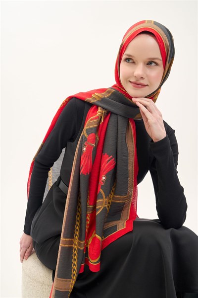 Urban Hours Büyük Zincir Kırmızı Siyah Mayda Şal 190x70