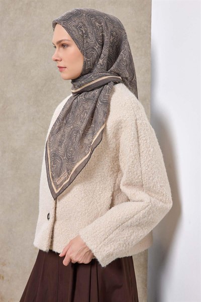 Tencel Monare Eşarp Etnik Desen Koyu Gri 90X90