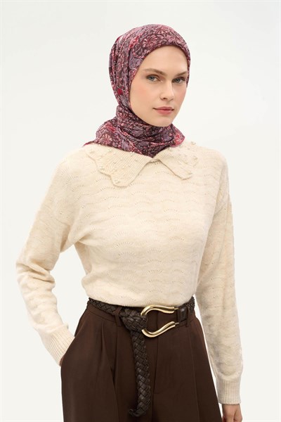 Tencel Monare Eşarp Floral Desen Bordo 90X90