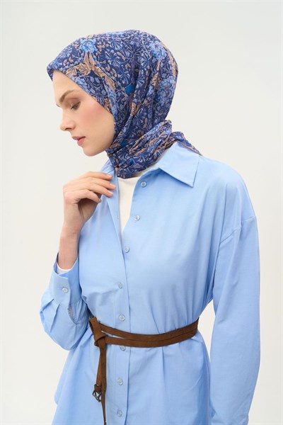 Tencel Monare Eşarp Floral Desen Koyu Mavi 90X90