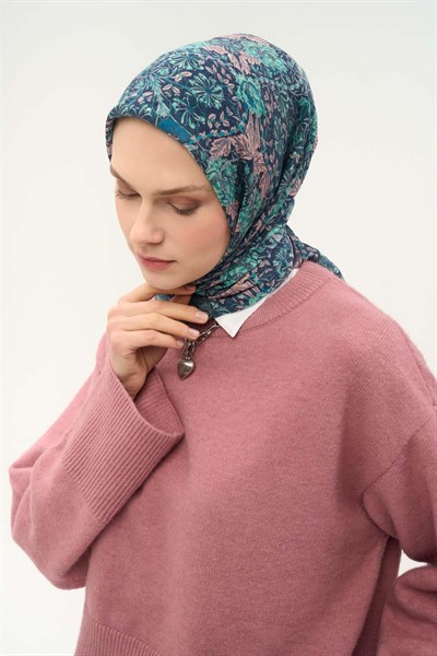 Tencel Monare Eşarp Floral Desen Petrol Yeşili 90X90