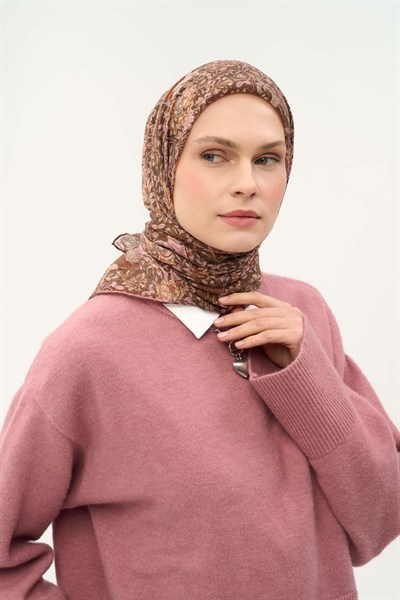 Tencel Monare Eşarp Floral Desen Çikolata Kahve 90X90