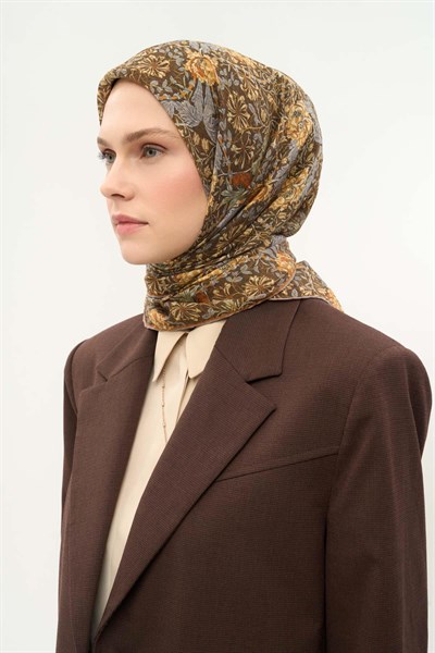 Tencel Monare Eşarp Floral Desen Kahve Yeşil 90X90