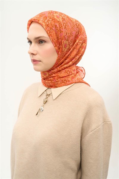 Tencel Monare Eşarp Papatya Desen Koyu Turuncu 90X90